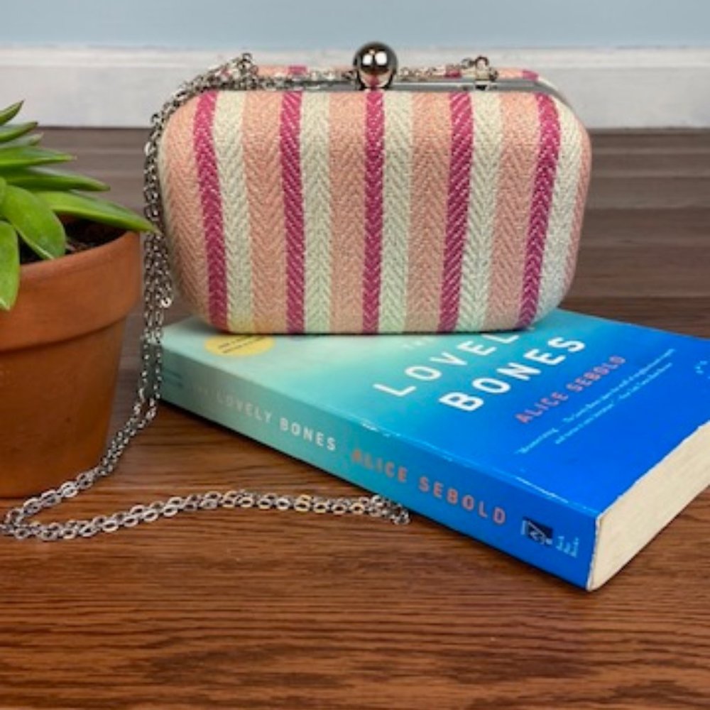 Loft NWOT Embroidered Box Clutch with Chain in Pink and White Stripes